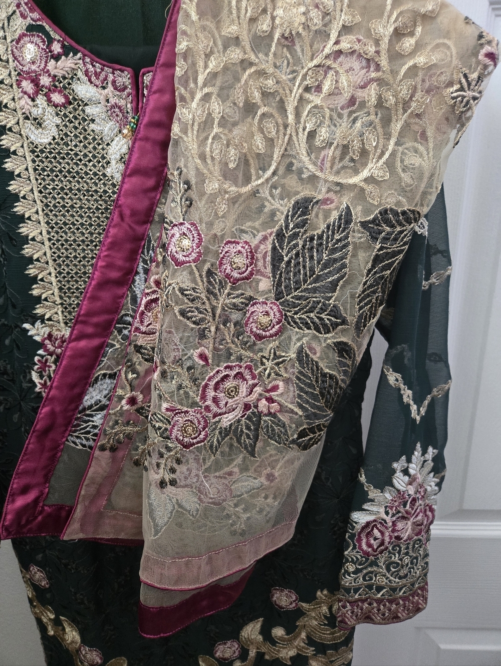 3 PC Dark Green Embroidered Pakistani Formal Party Wear